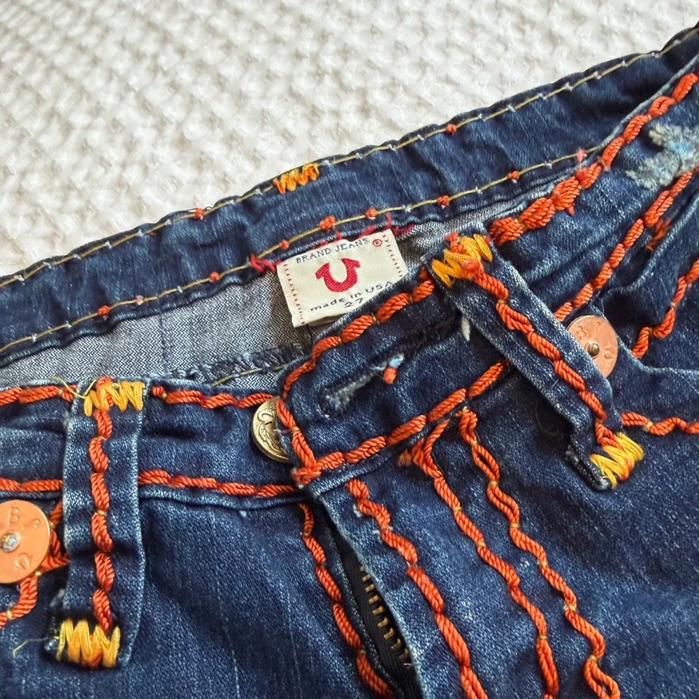 True Religion Dark Blue Yellow & Orange Embroidered Jeans - Picture 5 of 7